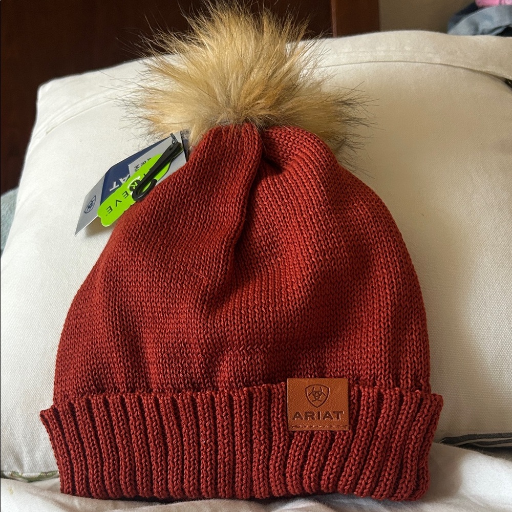 Ariat Rust Red Knit Beanie with Faux-Fur Pom